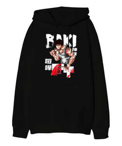 BAKI HANMA ANIME - Baki Hanma Retro 90s Baskılı Siyah Oversize Unisex Kapüşonlu Sweatshirt