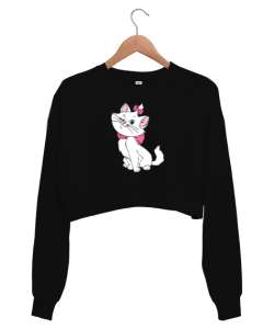 Bakımlı Sevimli Kedi - Sweet Cat Siyah Kadın Crop Sweatshirt