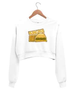 Baklava baskılı Beyaz Kadın Crop Sweatshirt