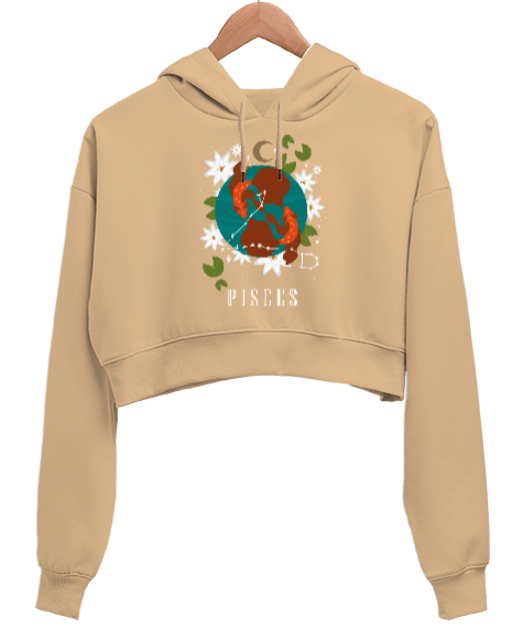 Tisho - BALIK BURCU Camel Kadın Crop Hoodie Kapüşonlu Sweatshirt