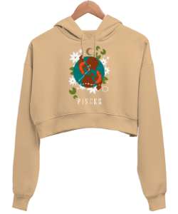 BALIK BURCU Camel Kadın Crop Hoodie Kapüşonlu Sweatshirt