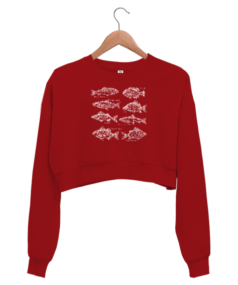 Tisho - Balık Çizimleri - Balıklar - Fishs Kırmızı Kadın Crop Sweatshirt