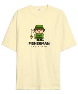 Balıkçı Olta Sevimli Yeşil Adam Özel Tasarım Kamp Hayatı ve Hobi Krem Oversize Unisex Tişört