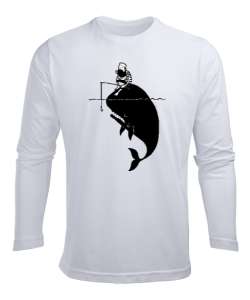 Balıkçı ve Balina - Fishing Beyaz Erkek Uzun Kol Yazlık Tişört