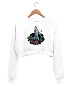 Balina ve Gezegenler Beyaz Kadın Crop Sweatshirt