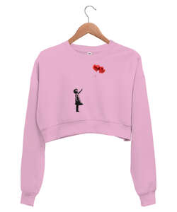 Balonlar ve Çocuk Pembe Kadın Crop Sweatshirt