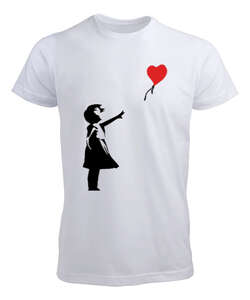 Banksy Letting Love Go Balloon Girl Baskılı Beyaz Erkek Tişört