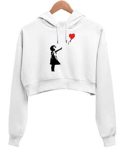 Banksy Letting Love Go Balloon Girl Baskılı Beyaz Kadın Crop Hoodie Kapüşonlu Sweatshirt