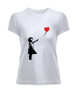 Banksy Letting Love Go Balloon Girl Baskılı Beyaz Kadın Tişört