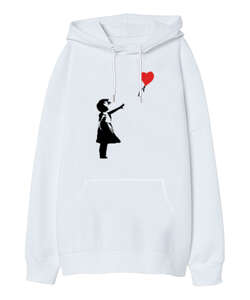 Banksy Letting Love Go Balloon Girl Baskılı Beyaz Oversize Unisex Kapüşonlu Sweatshirt