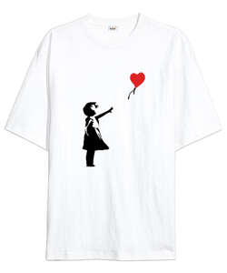 Banksy Letting Love Go Balloon Girl Baskılı Beyaz Oversize Unisex Tişört