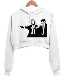 Banksy Pulp Fiction Banana Guns Beyaz Kadın Crop Hoodie Kapüşonlu Sweatshirt