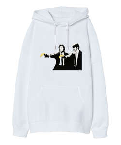 Banksy Pulp Fiction Banana Guns Beyaz Oversize Unisex Kapüşonlu Sweatshirt