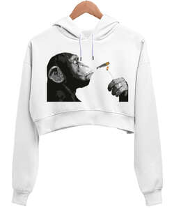 Banksy Steez Chimp Monkey Beyaz Kadın Crop Hoodie Kapüşonlu Sweatshirt