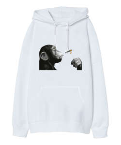 Banksy Steez Chimp Monkey Beyaz Oversize Unisex Kapüşonlu Sweatshirt