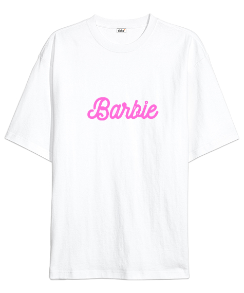 Tisho - Barbie Pembe Yazı Baskılı Beyaz Oversize Unisex Tişört