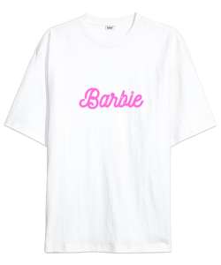 Barbie Pembe Yazı Baskılı Beyaz Oversize Unisex Tişört