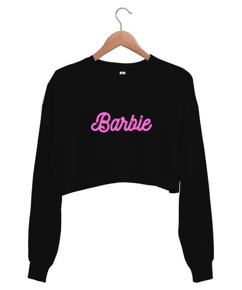 Tisho - Barbie Pembe Yazı Baskılı Siyah Kadın Crop Sweatshirt