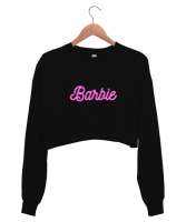 Barbie Pembe Yazı Baskılı Siyah Kadın Crop Sweatshirt - Thumbnail