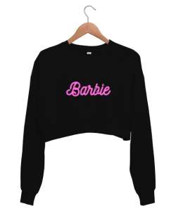 Barbie Pembe Yazı Baskılı Siyah Kadın Crop Sweatshirt