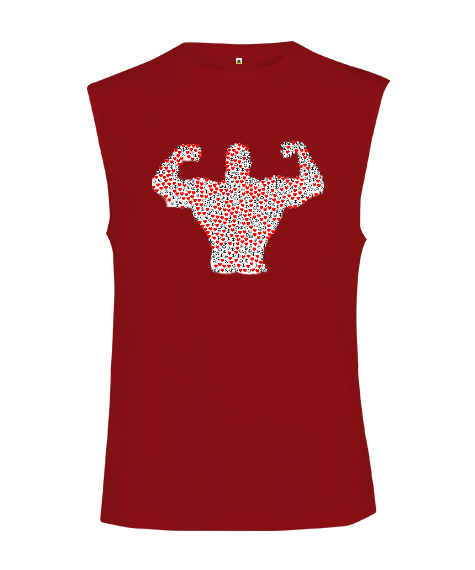 Barış İşaretli ve Kalpli Kaslı Sporcu Adam Kırmızı Kesik Kol Unisex Tişört