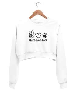 Barış Sevgi ve Köpek Patisi - Peace Love Beyaz Kadın Crop Sweatshirt