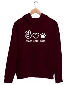 Barış Sevgi ve Köpek Patisi - Peace Love Bordo Unisex Kapşonlu Sweatshirt