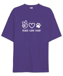 Barış Sevgi ve Köpek Patisi - Peace Love Mor Oversize Unisex Tişört