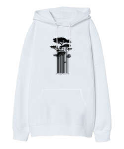 Barkod Ağaç - Barcode Trees illustration Beyaz Oversize Unisex Kapüşonlu Sweatshirt