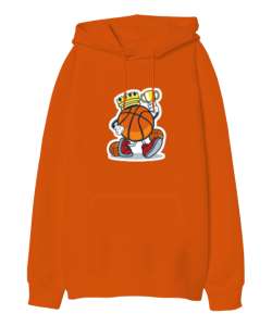 Basket kralı baskılı Turuncu Oversize Unisex Kapüşonlu Sweatshirt