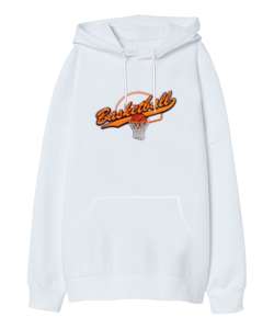 Basketball baskılı Beyaz Oversize Unisex Kapüşonlu Sweatshirt