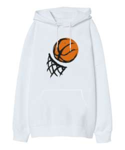 Basketbol - Basket Beyaz Oversize Unisex Kapüşonlu Sweatshirt