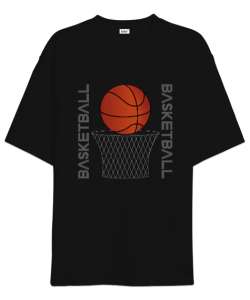 Basketbol desen tasarım baskılı 2 Siyah Oversize Unisex Tişört