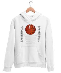 Basketbol yazılı desen tasarımı Beyaz Unisex Kapşonlu Sweatshirt