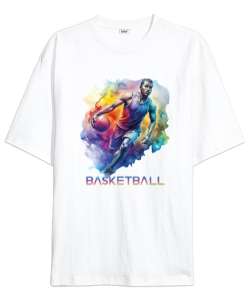 Basketbolcu topla ilerliyor desen tasarımı baskıl Beyaz Oversize Unisex Tişört