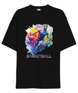 Basketbolcu topla ilerliyor desen tasarımı baskılı Siyah Oversize Unisex Tişört