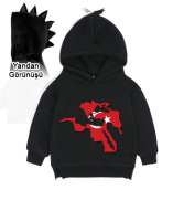 Bayrak baskılı Siyah Çocuk Dinozor Kapşonlu Hoodie - Thumbnail