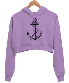 BB012 Anchor Tasarım Kadın Crop Hoodie Kapüşonlu Sweatshirt