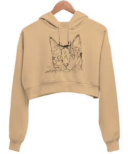 BB017 - Cat Face Camel Kadın Crop Hoodie Kapüşonlu Sweatshirt