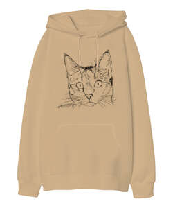 BB017 - Cat Face Camel Oversize Unisex Kapüşonlu Sweatshirt