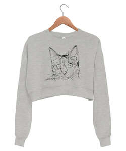 BB017 - Cat Face Gri Kadın Crop Sweatshirt