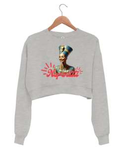 Be Happy Nefertiti Gri Kadın Crop Sweatshirt