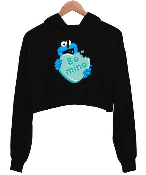 Be Mine Baskılı Sevgililer Günü 14 Şubat Tasarımı Siyah Kadın Crop Hoodie Kapüşonlu Sweatshirt