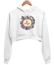 Be Unique Baskılı Beyaz Kadın Crop Hoodie Kapüşonlu Sweatshirt