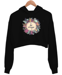 Be Unique Baskılı Siyah Kadın Crop Hoodie Kapüşonlu Sweatshirt