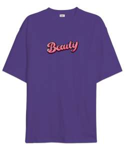 BEAUTY Yazı Tasarımlı Mor Oversize Unisex Tişört