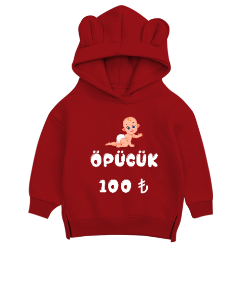 Tisho - Bebek Kırmızı Unisex Çocuk Ayı Hoodie Kapşonlu