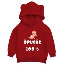 Bebek Kırmızı Unisex Çocuk Ayı Hoodie Kapşonlu