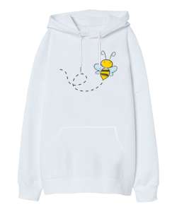 Bee - Arı Vız Vız Beyaz Oversize Unisex Kapüşonlu Sweatshirt