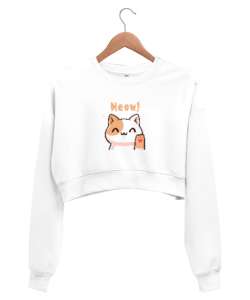 Beige Illustrated Cat T Beyaz Kadın Crop Sweatshirt